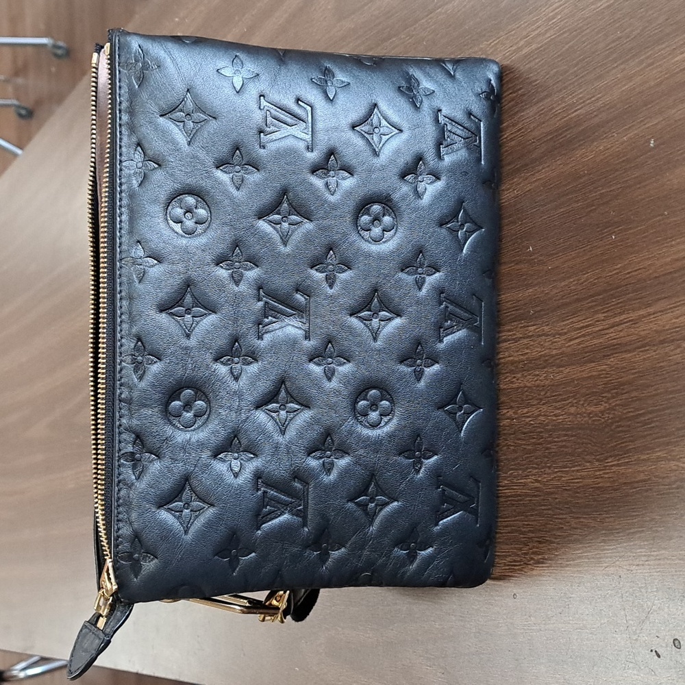 Louis Vuitton Coussin BAG PM LV Black Embossed Gold Chain Fabric Strap EUC